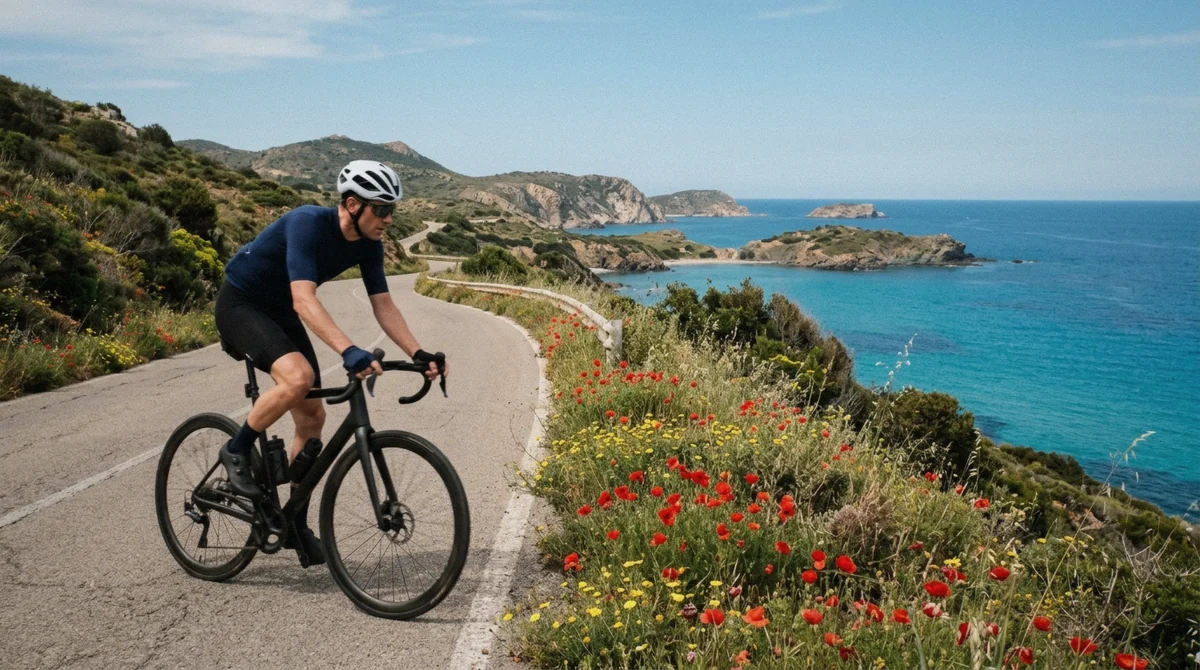 A cyclist riding past poppies and spring wildflowers on a coastal road, showing the best time to cycle in Sardinia in late spring