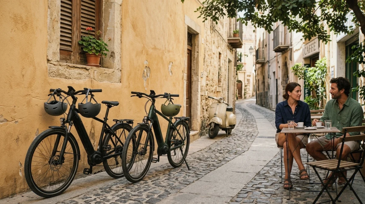 Price board and helmet rack at the start of a guided bike tour in Sardinia, Cagliari harbour visible in the background