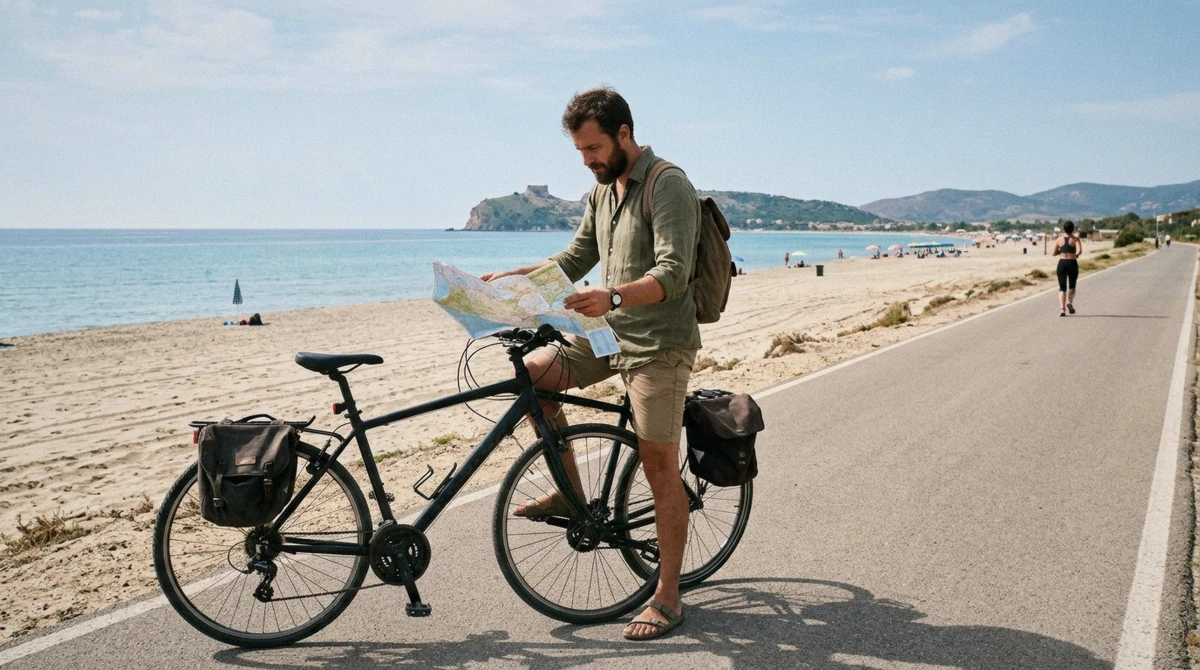 A traveller on a rented hybrid bike checking a map on the flat Poetto seafront path, cycling in Sardinia on your own near Cagliari