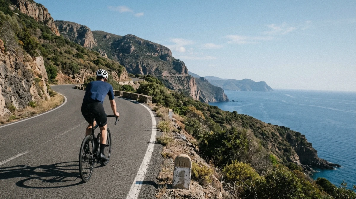 A cyclist descending a coastal switchback on the Alghero to Bosa road, one of the best cycling routes in Sardinia, with cliffs and turquoise sea below