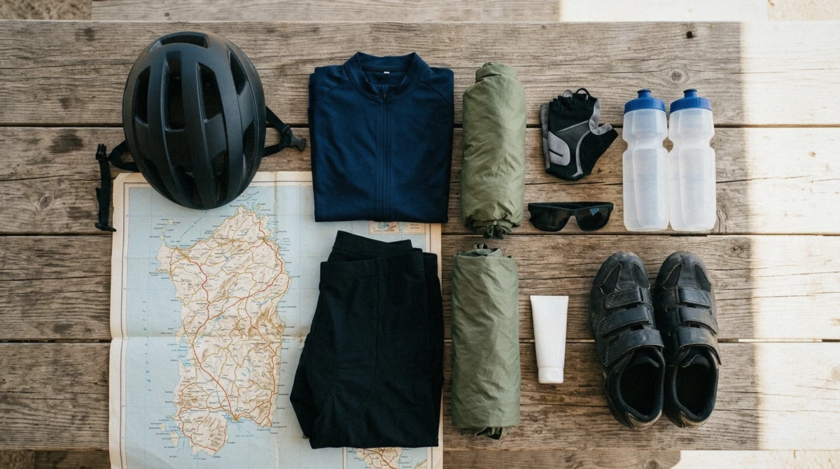 Cyclist checking closed-toe shoes and a packed daypack before a guided bike tour in Sardinia, e-bike and helmet ready at the roadside